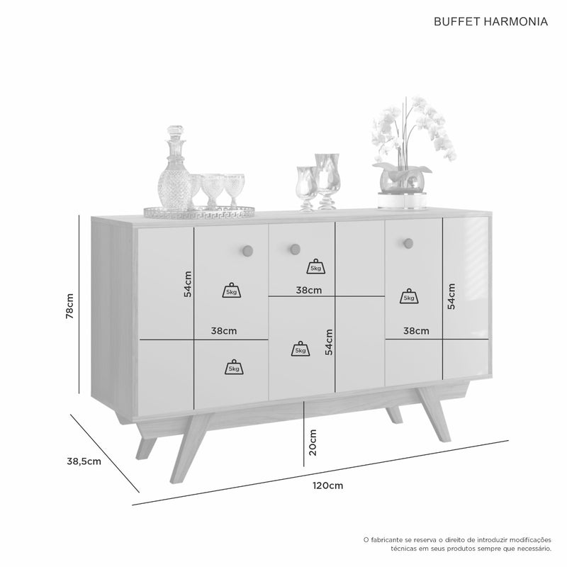 BUFFET HARMONIA COM 3 PORTAS E PÉS DE MADEIRA MACIÇA