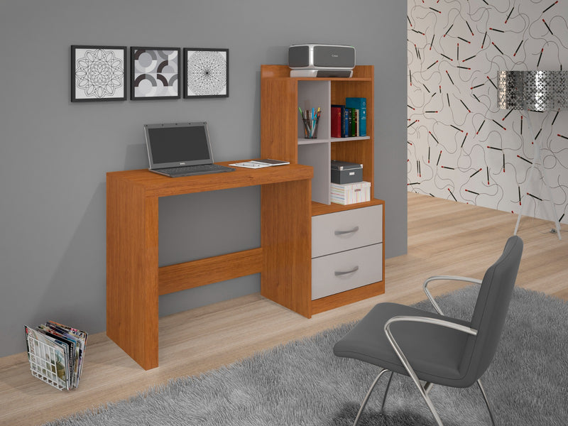 MESA DE ESTUDO COM ESTANTE ALANA 2 GAVETAS 4 NICHOS