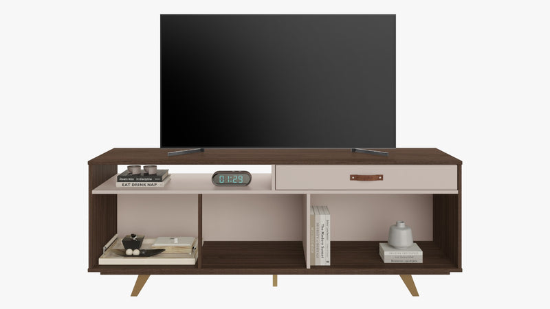 RACK ÍMPAR PARA TV 65'' PUXADORES EM COURO E PÉS DE MADEIRA
