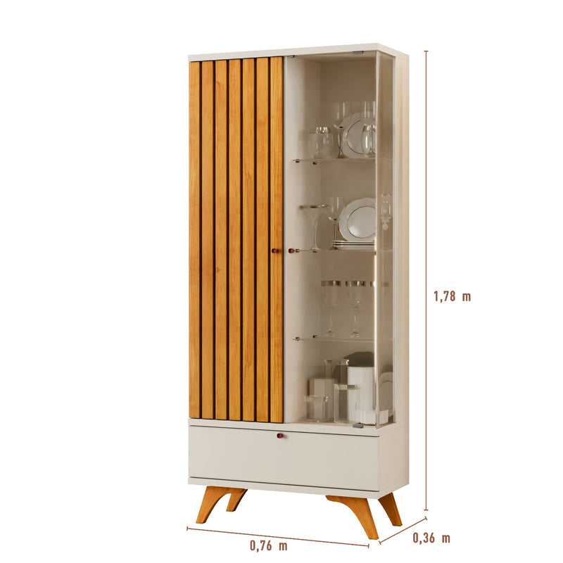CRISTALEIRA VERSA COM LED 1 PORTA RIPADA 1 PORTA DE VIDRO