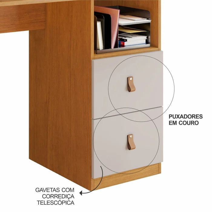 MESA DE ESTUDO ALICE 2 GAVETAS COM PUXADORES DE COURO
